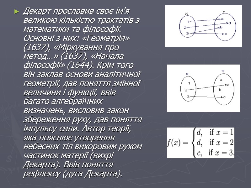 Декарт прославив своє ім'я великою кількістю трактатів з математики та філософії. Основні з них: